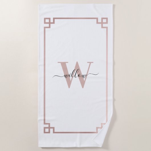 Serviette De Plage Clé grecque blanche et Rose rose or Monogramme (Devant)