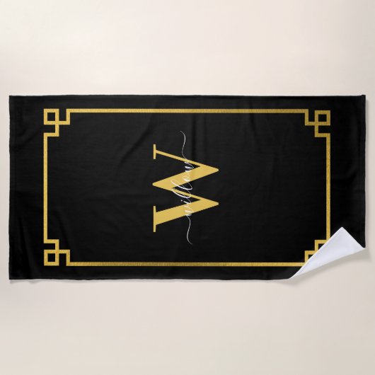 Serviette De Plage Clé grecque noire et or Monogramme (Devant)