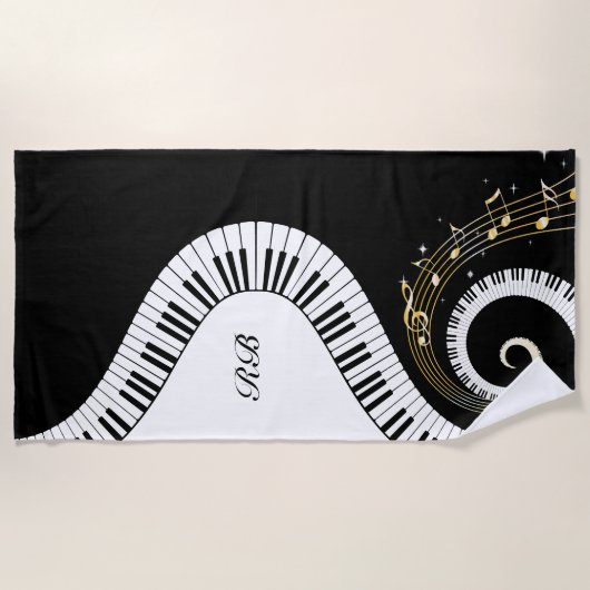 Serviette De Plage Clés de piano de monogramme et notes musicales (Devant)
