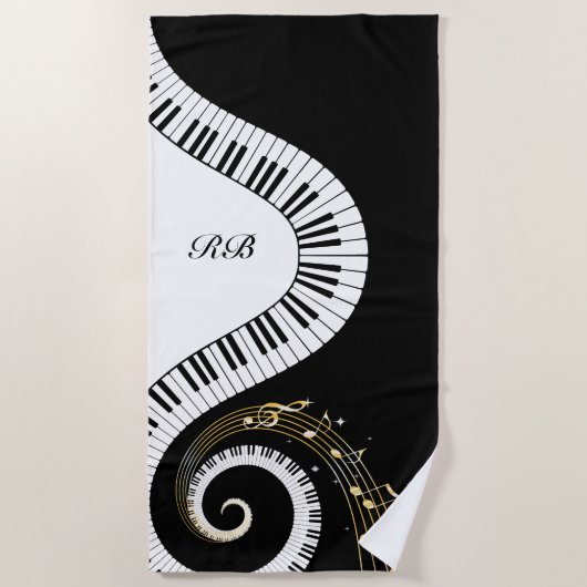 Serviette De Plage Clés de piano de monogramme et notes musicales (Devant)
