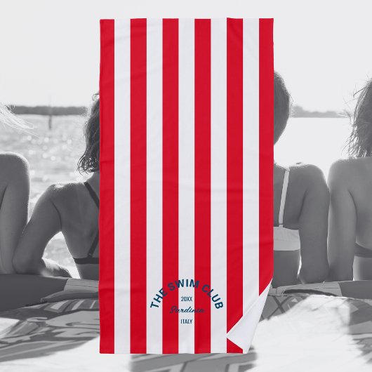 Serviette De Plage Club de natation Blue Crest Red Cabana Stripe