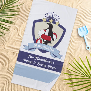 Serviette De Plage Club de natation personnalisé Crest Cute Penguin E