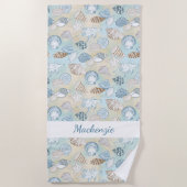 Serviette De Plage Coastal Aqua Blue Sand Seashells Personnalisé (Devant)