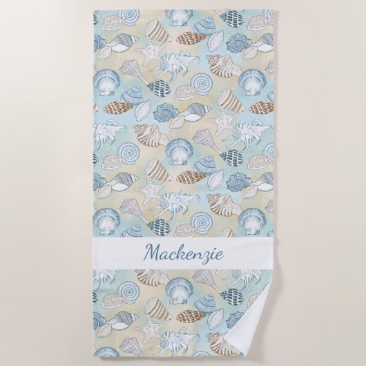Serviette De Plage Coastal Aqua Blue Sand Seashells Personnalisé (Devant)