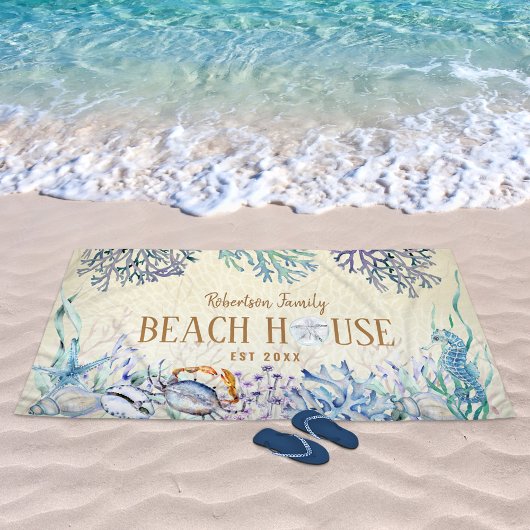 Serviette De Plage Coastal Beach House Sea Life Nom de famille