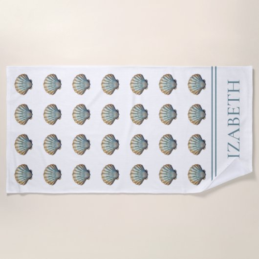 Serviette De Plage Coastal Blue Scallop Seashell Personalized (Devant)