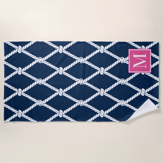 Serviette De Plage Coastal Preppy Nautical Monogram – Navy & Pink (Devant)