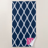 Serviette De Plage Coastal Preppy Nautical Monogram – Navy & Pink (Devant)