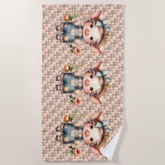 Serviette De Plage Cochon fermier mignon dans les salons avec fleurs (Devant)