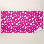 Serviette De Plage Coeurs de balaie blanche sur Fuchsia rose (Devant)