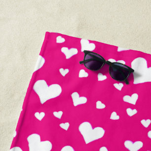 Serviette De Plage Coeurs de balaie blanche sur Fuchsia rose