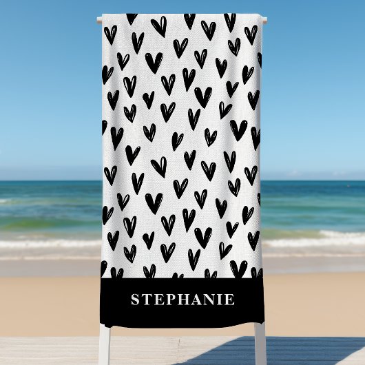 Serviette De Plage Coeurs De Doodle Noir Et Blanc Cute Personnalisés