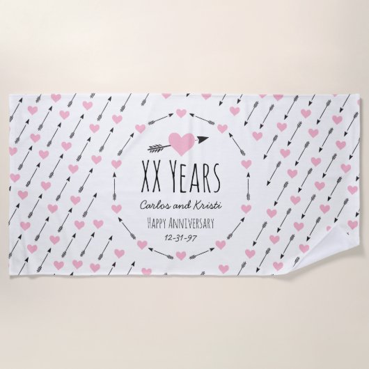 Serviette De Plage Cœurs et Flèches Mariage Anniversaire Personnalisé (Devant)