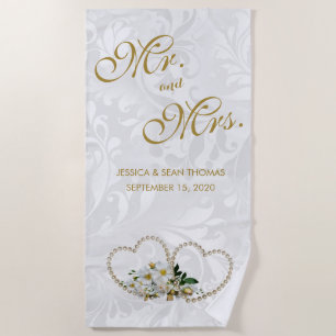 Serviette De Plage Coeurs et fleurs mariage damassé de perle