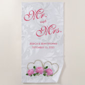 Serviette De Plage Coeurs et roses mariage damassé de perle (Devant)