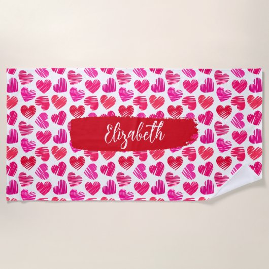 Serviette De Plage Coeurs griffés rouges et roses modernes Valentine (Devant)