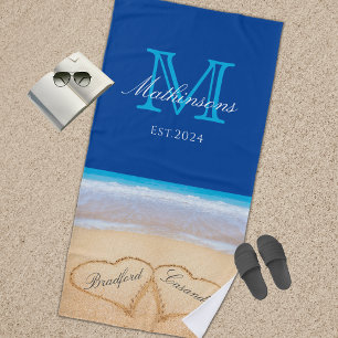 Serviette De Plage Coeurs mariages dans le sable Famille Monogramme B