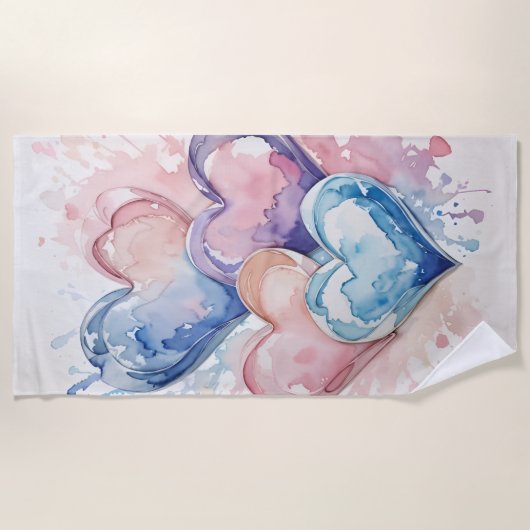 Serviette De Plage Cœurs peints à l'aquarelle (Devant)