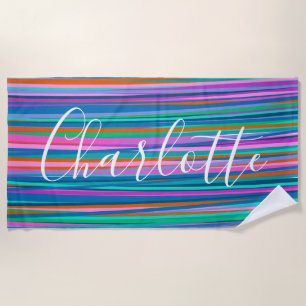 Serviette De Plage Coloré Bright Vibrant Stripes Nom personnalisé
