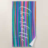 Serviette De Plage Coloré Bright Vibrant Stripes Nom personnalisé (Devant)