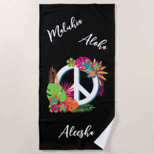 Serviette De Plage Coloré Hawaïen Tropical Paix Amour Noir 