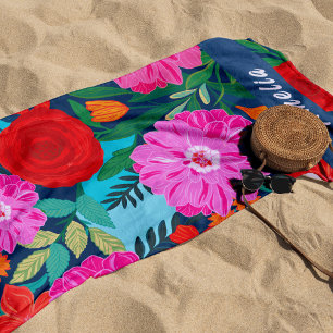 Serviette De Plage Coloré rose floral Personnalisé Vacances