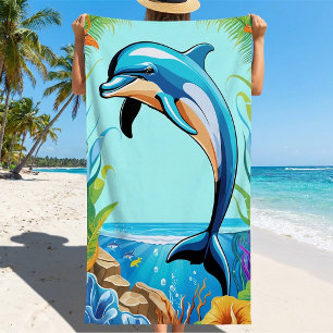 Serviette De Plage Coloré Tropical Beach Dolphin Jumping