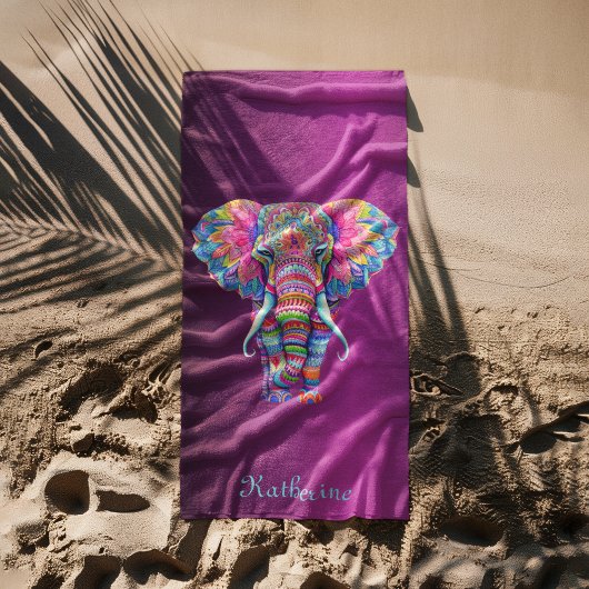 Serviette De Plage Colorful Mandala Elephant with Customized Name
