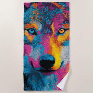 Serviette De Plage Colorful Wolf Portrait Pop Art Splash Illustration