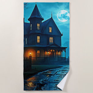 Serviette De Plage Conception de nuit au clair de lune bleu du manoir