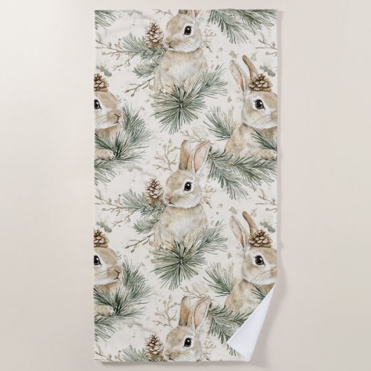 Serviette De Plage Cônes de pin verts lapins de Noël (Devant)