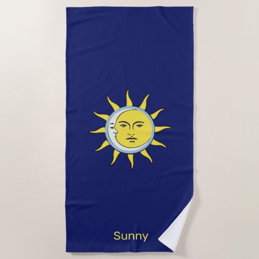 Serviette De Plage Conjonction Lune & Soleil sur fond bleu marine (Devant)