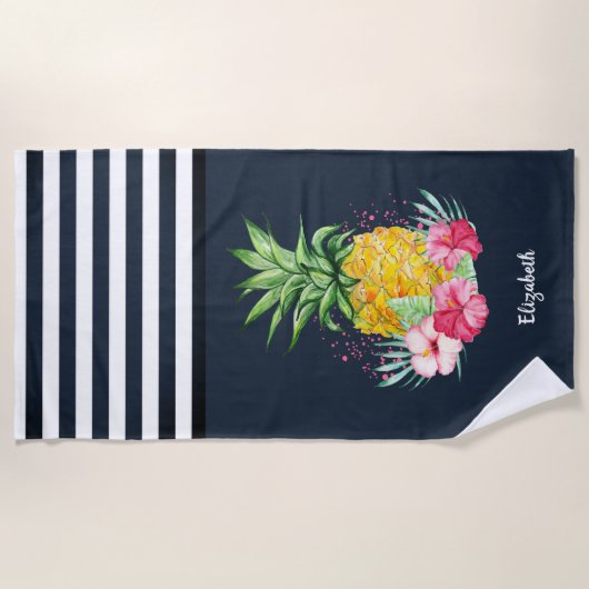 Serviette De Plage Cool Ananas Hibiscus Marine Bleu rayé (Devant)