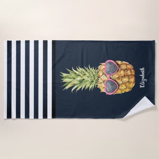 Serviette De Plage Cool ananas marine Bleu rayé (Devant)