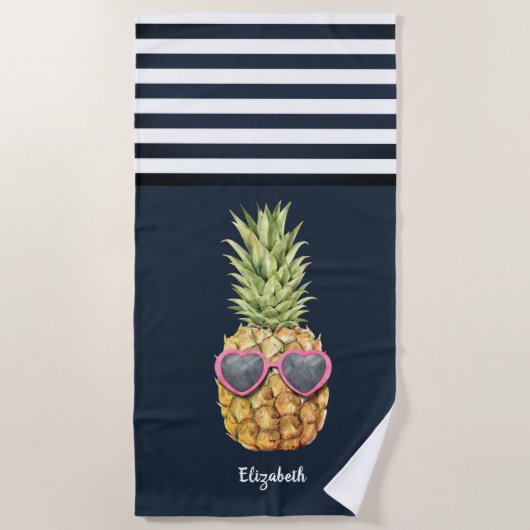 Serviette De Plage Cool ananas marine Bleu rayé (Devant)