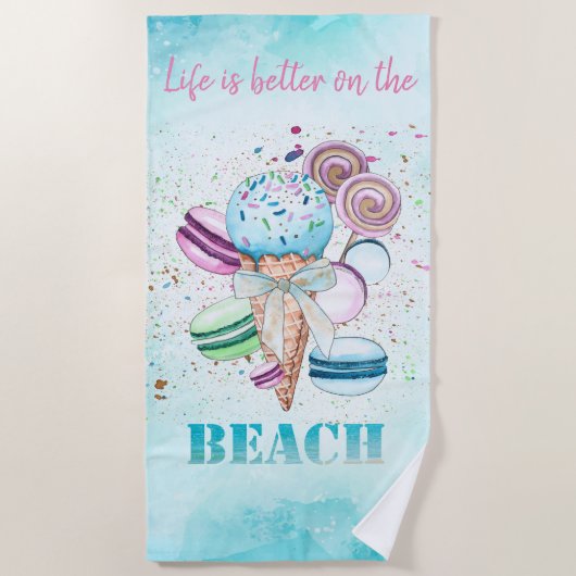Serviette De Plage Cool Aquarelle Crème glacée Macarons (Devant)
