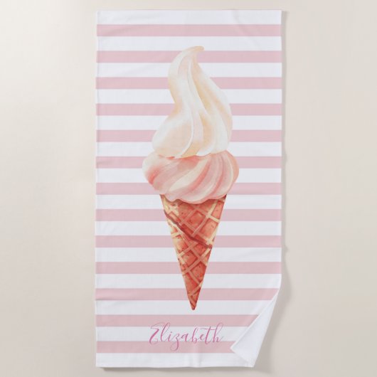 Serviette De Plage Cool Crème de glace rayures roses (Devant)