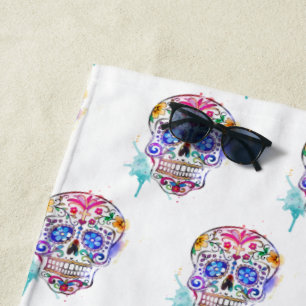 Serviette De Plage Cool Motif de tatouage d'aquarelle crâne sucre