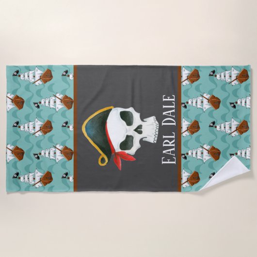 Serviette De Plage Cool Pirate crâne et bateaux ajouter nom (Devant)