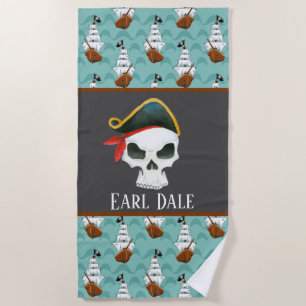 Serviette De Plage Cool Pirate crâne et bateaux ajouter nom
