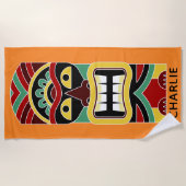 Serviette De Plage Cool Tiki Totem personnalisé nom et couleur servie (Devant)