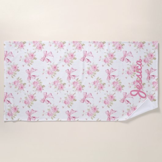 Serviette De Plage Coquette Roses et vaches roses (Devant)