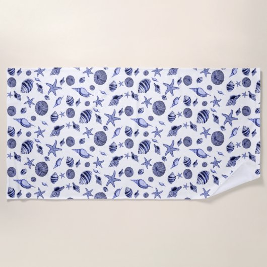Serviette De Plage Coquillages bleus et blancs (Devant)