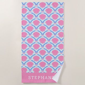 Serviette De Plage Coquillages d'été Rubans Roses Personnalisés