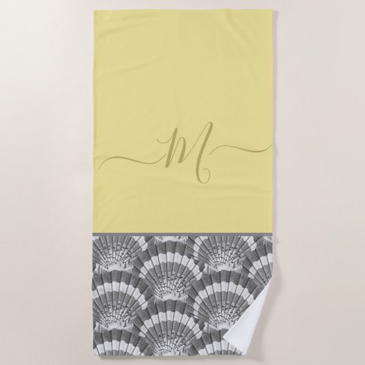Serviette De Plage Coquille de coquillage moderne marine jaune gris (Devant)