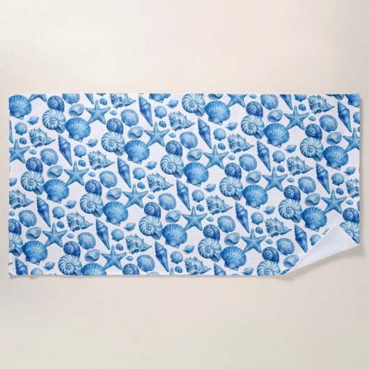 Serviette De Plage Coquilles bleues. Thème nautique. (Devant)