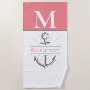 Serviette De Plage Corail côtier Gris Blanc Ancre Monogramme nautique