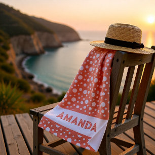 Serviette De Plage Corail doux blanc à pois nom personnalisé