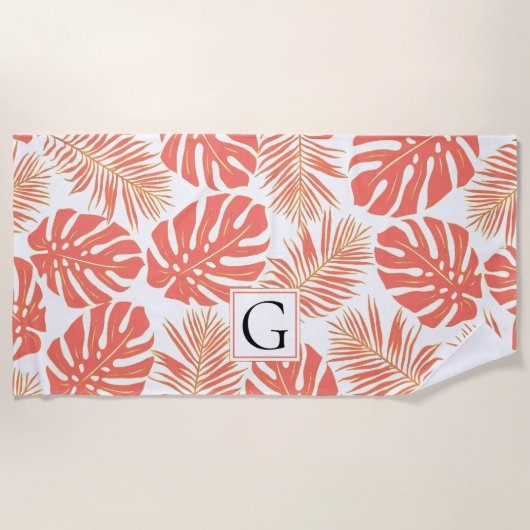 Serviette De Plage Corail et or tropical feuilles et monogramme (Devant)