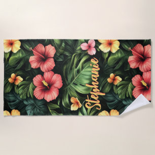 Serviette De Plage Corail tropical Hibiscus rose et jaune Floral